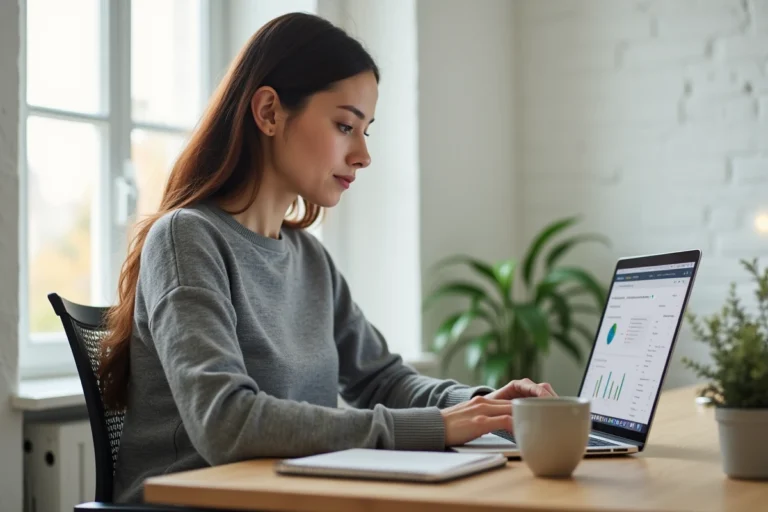 Femme entrepreneur travaillant sur son business en ligne depuis un bureau à domicile avec un ordinateur portable