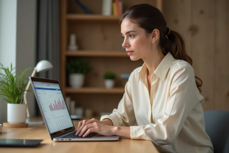 Femme entrepreneur travaillant sur son business en ligne depuis un bureau à domicile moderne en 2024