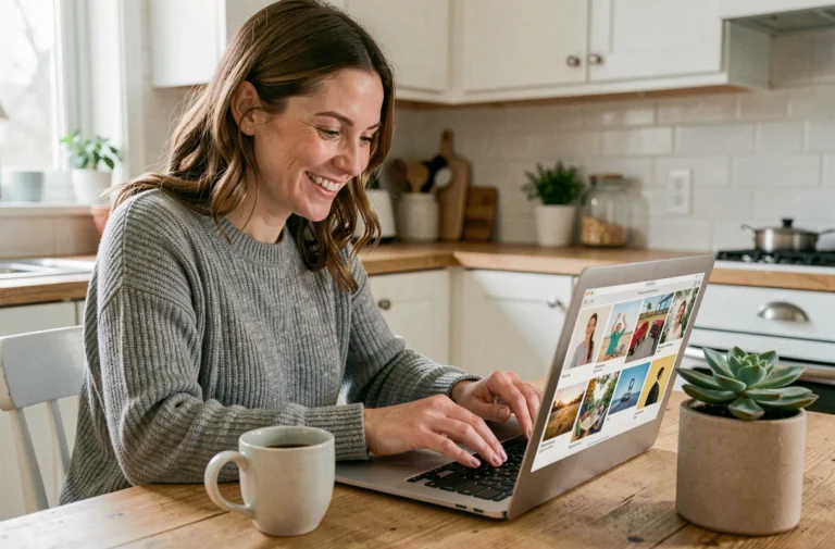 Femme souriante envoyant une carte postale en ligne depuis son ordinateur portable dans une cuisine moderne