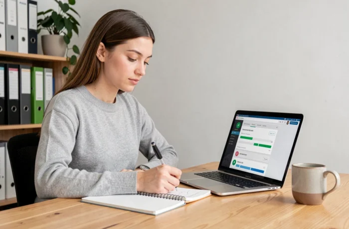 Jeune femme suivant une formation en ligne sur un ordinateur portable avec un tableau de bord e-learning et des notes manuscrites sur un bureau en bois