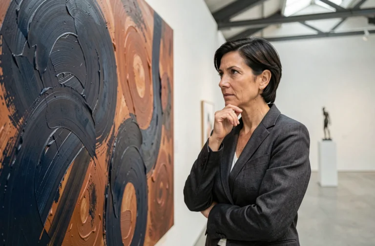 Femme contemplant une grande peinture abstraite dans une galerie d'art contemporain aux murs blancs