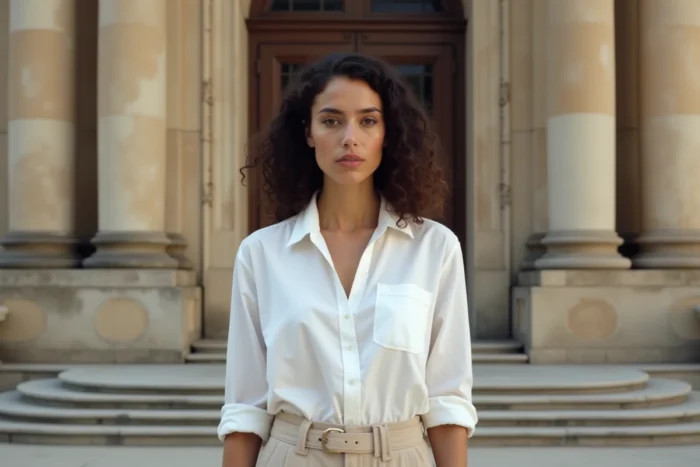 Femme française déterminée devant un bâtiment institutionnel néoclassique, portrait symbolisant les femmes pionnières qui ont marqué l'histoire de France