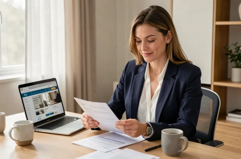 Femme professionnelle en blazer marine révisant son CV dans un bureau moderne pour optimiser sa recherche d'emploi en 2024