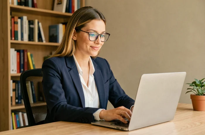 Femme en blazer bleu cherchant un emploi en ligne sur son ordinateur portable dans un bureau à domicile