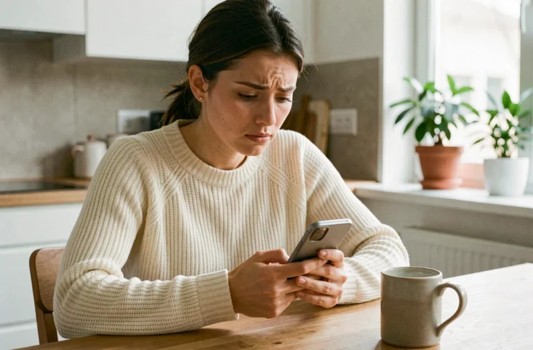 Jeune femme vérifiant le statut de remboursement d'un colis Vinted non récupéré sur son smartphone