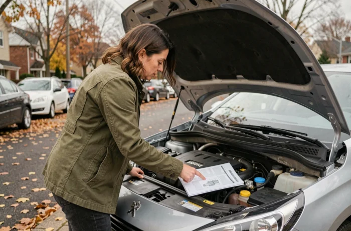 Femme consultant un manuel de réparation pour réamorcer le circuit carburant de sa Peugeot 308