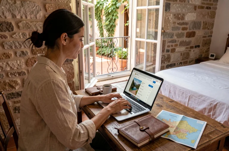 Femme consultant des hébergements en France sur son ordinateur portable dans une chambre d'hôtel boutique aux murs en pierre