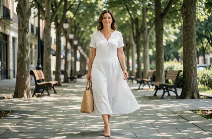 Femme en robe légère en coton marchant sur une promenade ombragée en été, style estival confortable