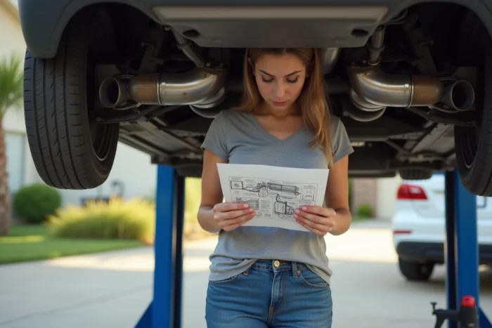 Femme comparant un schéma de ligne d'échappement imprimé avec le dessous d'une voiture surélevée dans une allée résidentielle