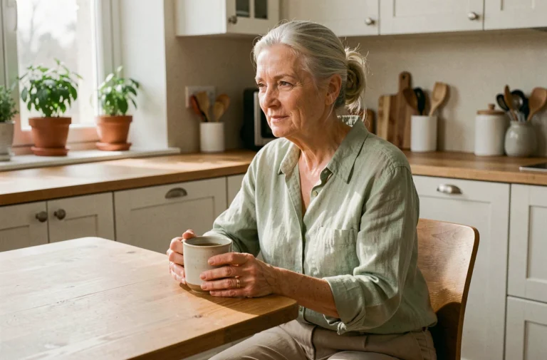 Femme senior sereine savourant une tisane dans sa cuisine, illustrant le bien-être au quotidien des personnes âgées