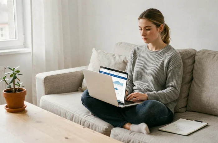 Jeune femme simulant un crédit immobilier sur son ordinateur portable dans un salon moderne