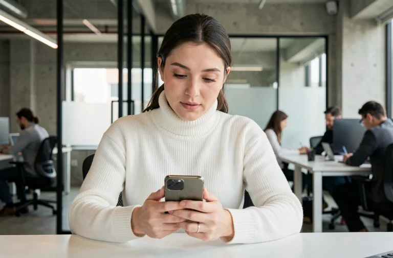 Femme explorant un smartphone pliable dans un bureau technologique moderne