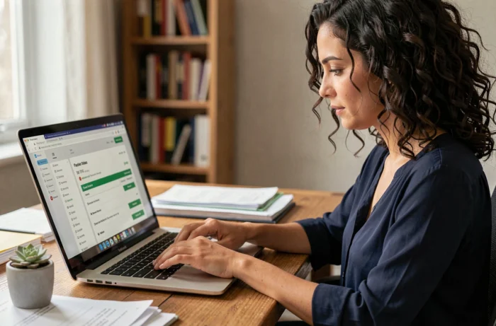 Femme consultant le suivi d'un colis Vinted non récupéré sur ordinateur portable pour obtenir un remboursement