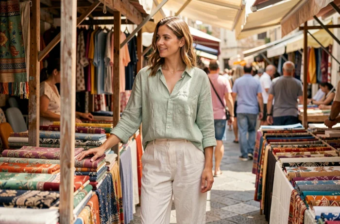 Femme en tenue légère de lin au marché d'été, vêtements frais et respirants pour la chaleur