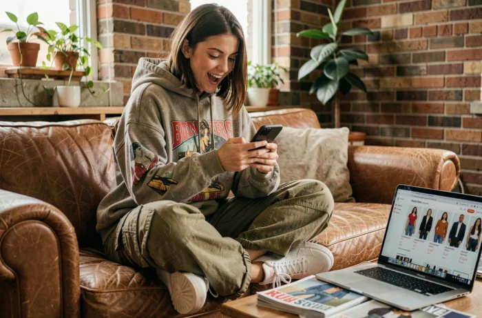 Jeune femme en tenue urban fashion streetwear parcourant l'application Vinted sur smartphone dans un appartement cosy avec murs en briques
