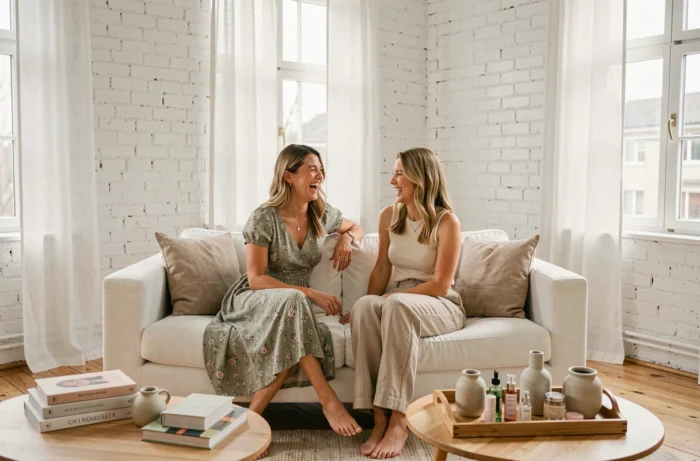 Deux femmes souriantes dans un appartement scandinave avec accessoires lifestyle et tendances beauté, ambiance glamour au quotidien