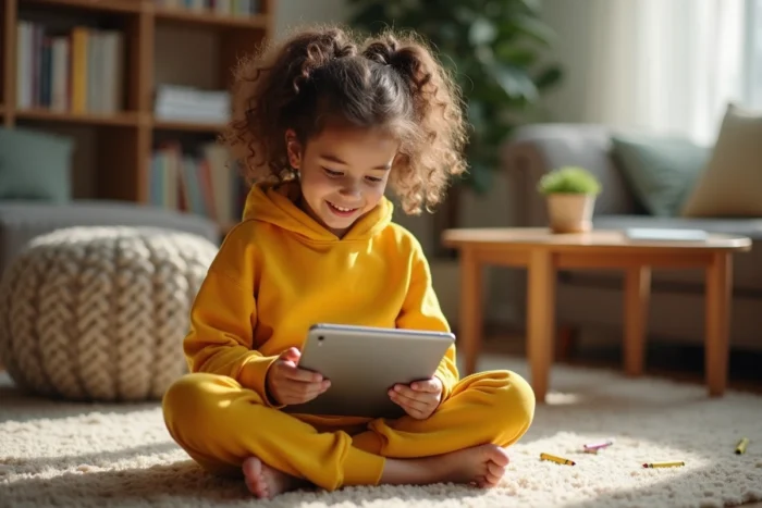 Fillette utilisant une tablette Samsung pour enfant assise sur un tapis dans un salon familial chaleureux