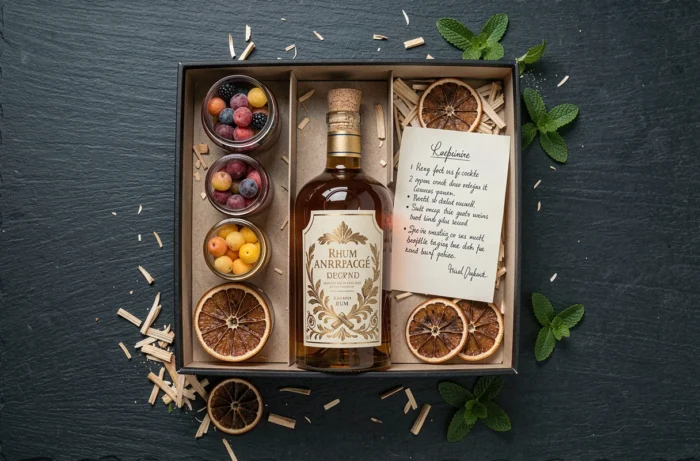 Vue de dessus d'un coffret cadeau de rhum arrangé ouvert avec épices, fruits macérés et carte recette sur ardoise