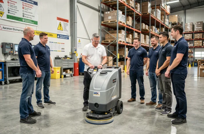 Formateur en nettoyage industriel expliquant l'utilisation d'une autolaveuse à des stagiaires
