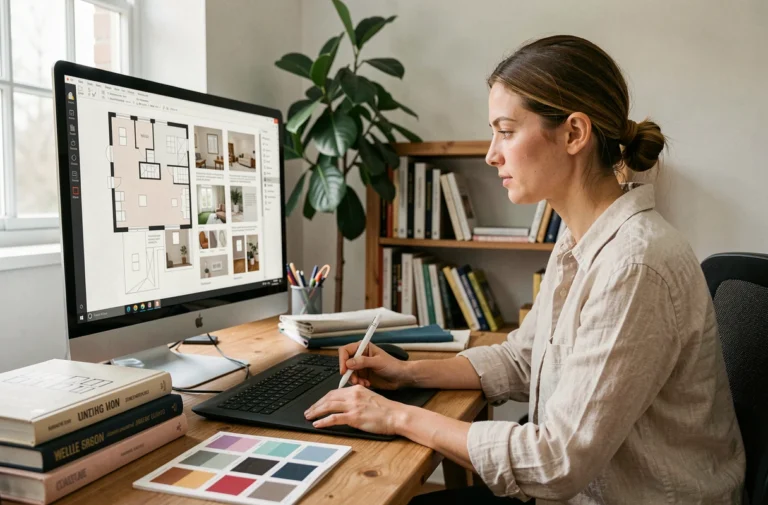 Femme suivant une formation en architecture d'intérieur à distance sur son ordinateur depuis un bureau à domicile