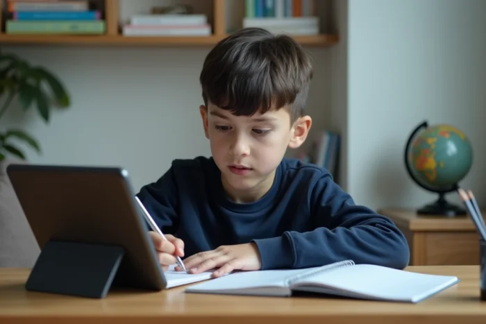 Garçon utilisant une tablette Samsung à son bureau pour faire ses devoirs dans une chambre bien rangée