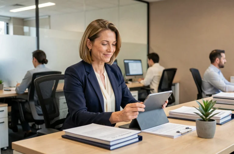 Femme cadre souriante gérant la paperasse administrative sur tablette dans un bureau moderne et bien organisé