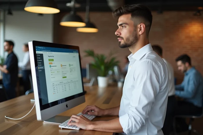 Jeune professionnel gérant son compte Securitas en ligne dans un espace de coworking