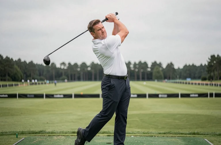 Golfeur professionnel en plein swing de long drive lors d'une compétition sur un tee box de fairway soigné