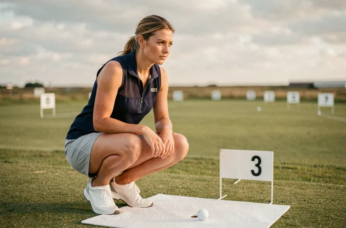 Golfeuse de long drive concentrée sur le tee box avant son élan, analyse de la trajectoire sur le fairway