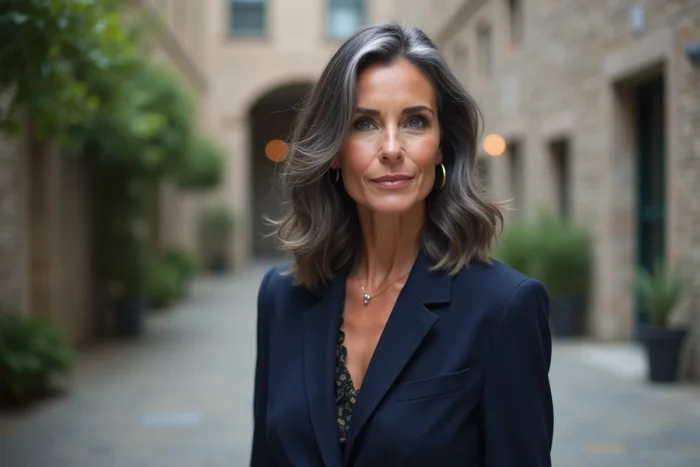 Femme élégante aux cheveux bruns avec grey blending en extérieur, mise en valeur des cheveux gris naturels par balayage doux