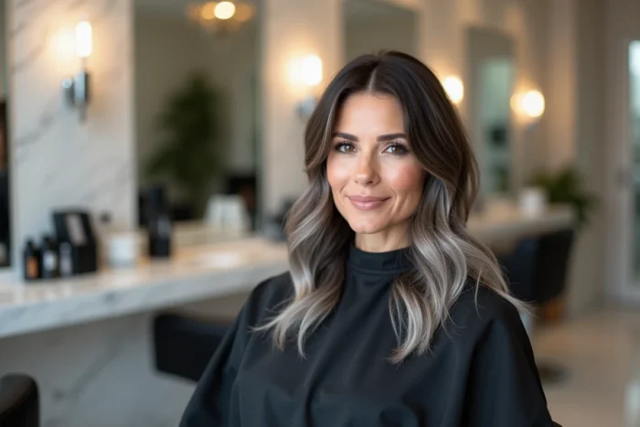 Femme brune aux cheveux avec grey blending naturel en salon de coiffure, technique de mélange des cheveux blancs et châtains