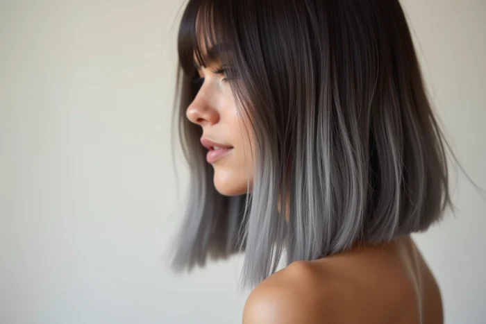 Gros plan sur un grey blending cheveux bruns, transition naturelle entre racines grises et longueurs châtaines, technique colorimétrique tendance