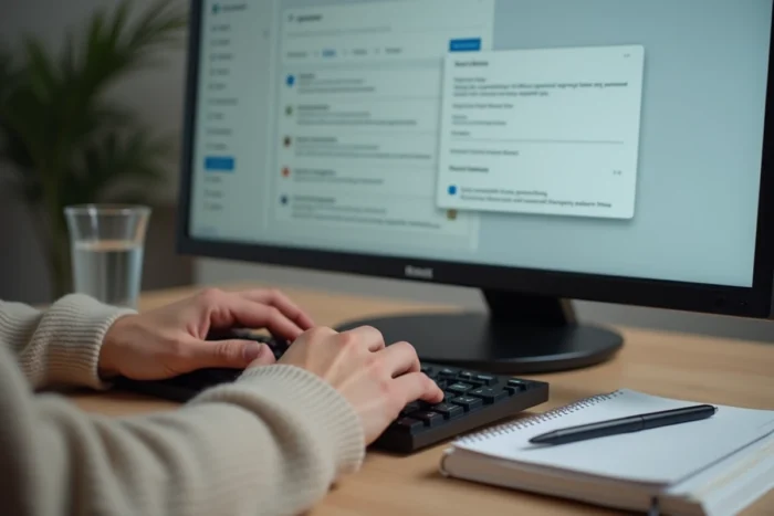 Gros plan sur des mains tapant au clavier devant un écran affichant l'interface webmail Akeonet avec la messagerie ouverte