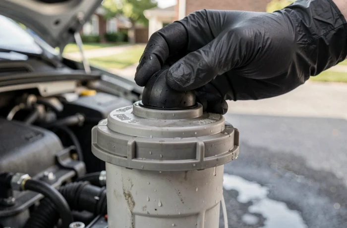Gros plan sur la pompe d'amorçage manuelle du filtre à carburant d'une Peugeot 308 HDi