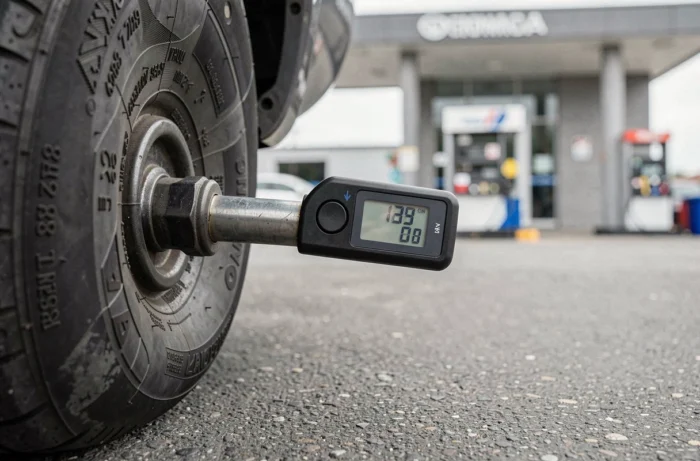 Gros plan sur la valve de gonflage d'un pneu de Toyota Yaris hybride avec manomètre à une station-service