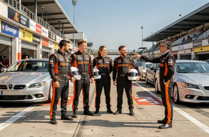 Groupe de participants en combinaison de pilotage écoutant un instructeur dans les stands d'un circuit automobile