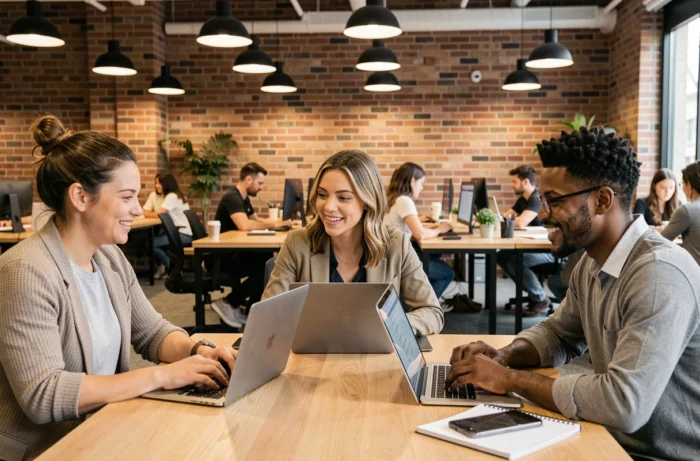 Groupe de professionnels recherchant des offres d'emploi ensemble sur des ordinateurs portables dans un espace de coworking moderne