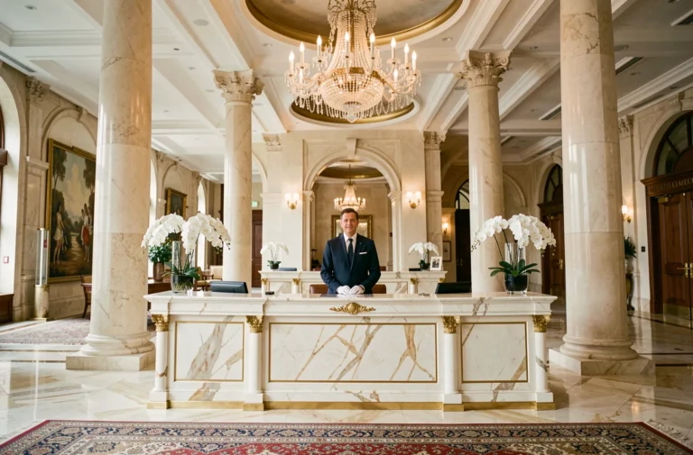 Hall d'entrée luxueux d'un hôtel 6 étoiles avec sol en marbre, lustre en cristal et concierge en uniforme derrière un comptoir doré