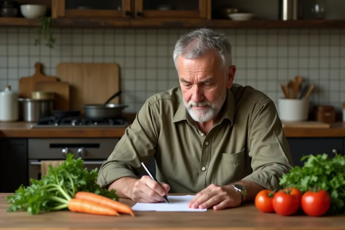 Homme de 65 ans planifiant une alimentation saine avec des légumes frais pour maintenir sa santé après 60 ans