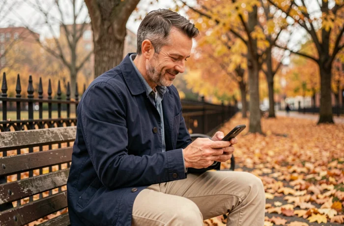 Homme utilisant une application mobile pour envoyer une carte postale en ligne dans un parc en automne