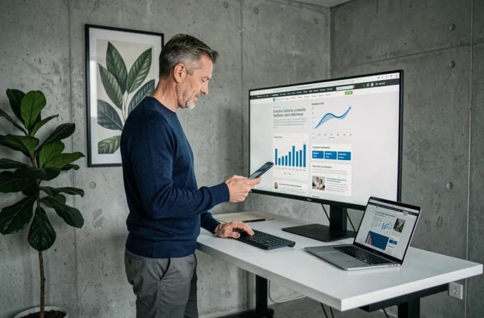 Homme travaillant depuis son bureau à domicile sur un blog santé innovant avec grand écran ultrawide