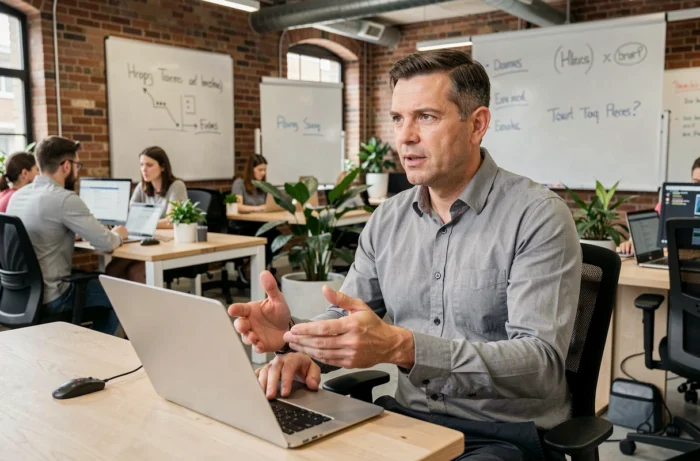 Homme en entretien d'embauche vidéo dans un espace de coworking moderne pour booster sa carrière professionnelle