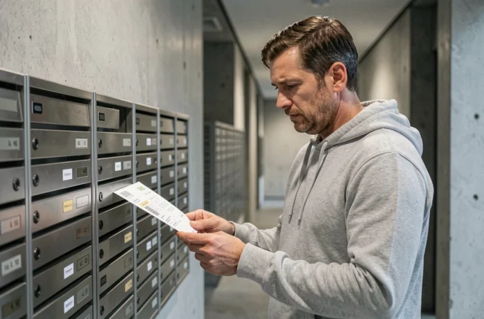 Homme examinant une étiquette d'expédition Vinted devant des boîtes aux lettres d'immeuble après un colis non récupéré