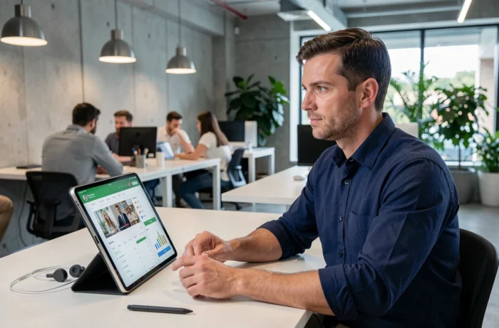 Homme en formation à distance sur une tablette dans un espace de coworking moderne avec tableau de bord de suivi de cours en ligne