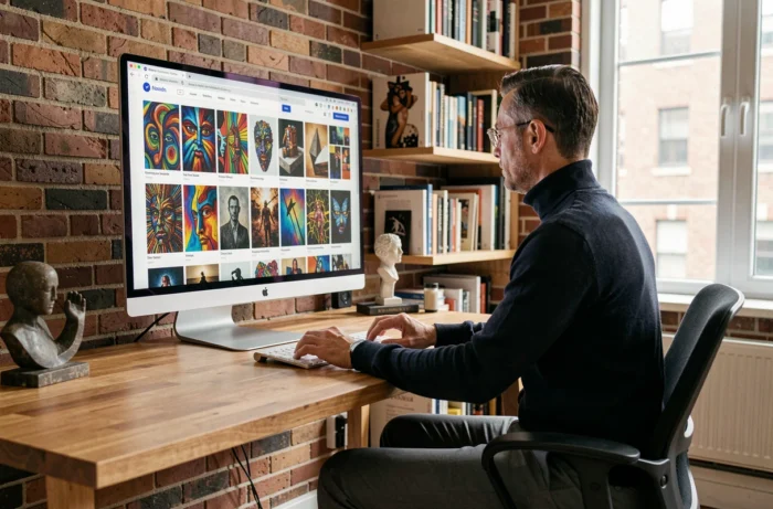 Homme découvrant une galerie d'art contemporain en ligne sur son ordinateur dans un studio à domicile
