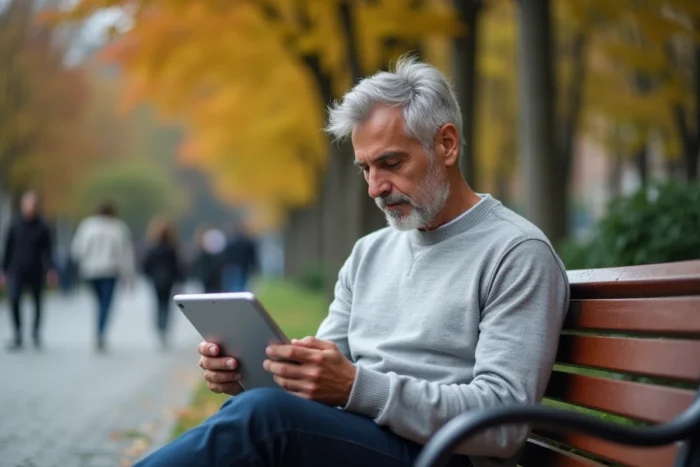 Homme lisant les contenus d'Atlantic News sur une tablette dans un parc urbain en automne