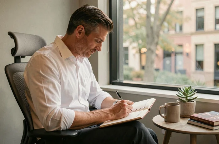 Homme concentré prenant des notes dans un carnet dans un espace lounge de bureau calme pour organiser ses tâches administratives