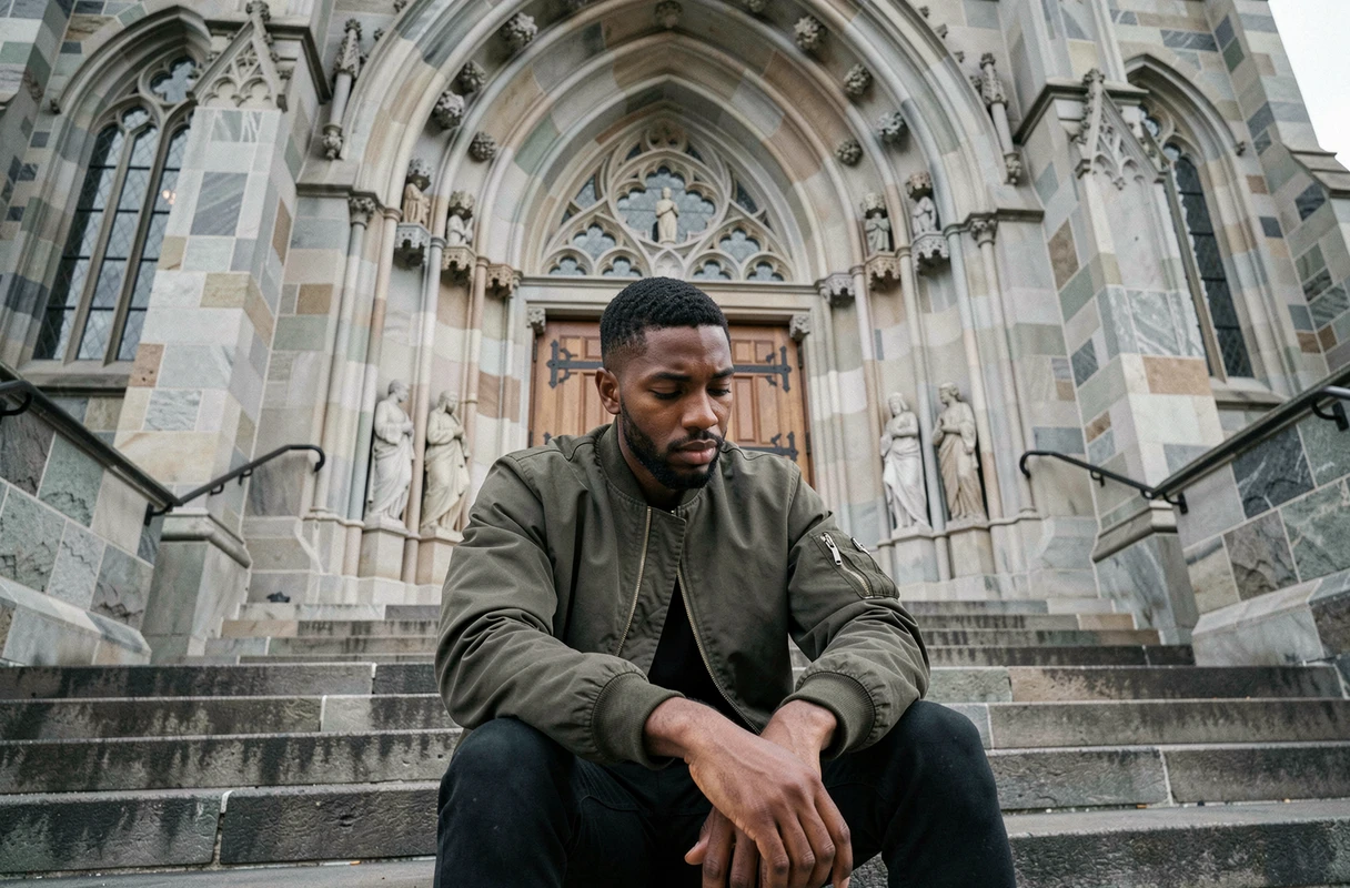 Jeune homme assis pensif sur les marches d'une cathédrale en pierre, évoquant la spiritualité et la réflexion religieuse dans un contexte urbain