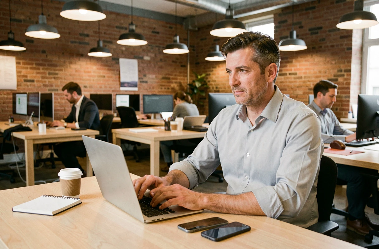 Homme professionnel concentré travaillant sur un ordinateur portable dans un espace de coworking moderne aux murs en briques apparentes
