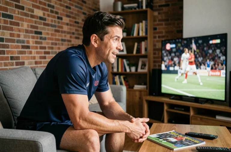 Homme regardant l'actualité sportive en direct sur sa télévision dans son salon